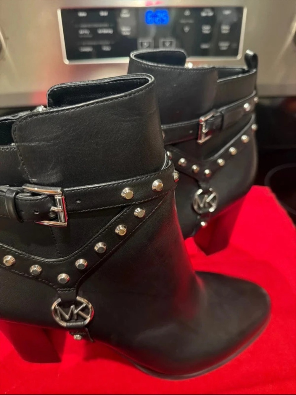 Michael Kors Black Leather Studded Ankle Boots with MK Charm